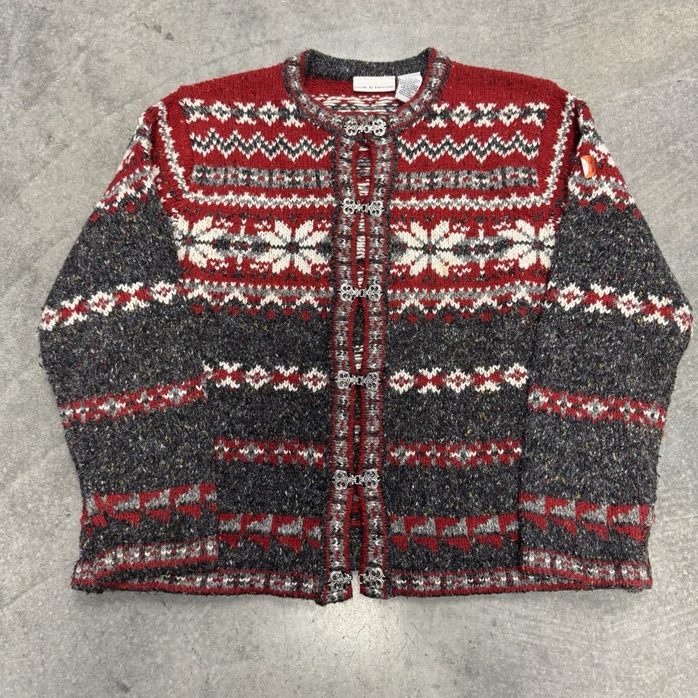 VTG Women's Fair Isle Sweater Cardigan Red Croft Barrow Gray Metal Clasp XL